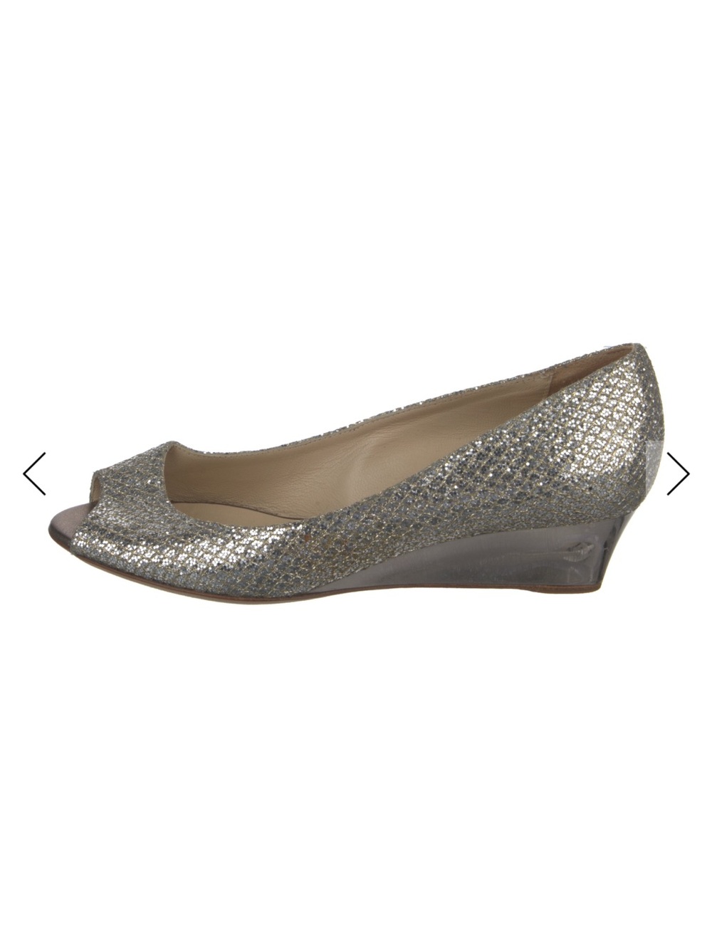 Jimmy Choo Silver Glitter Peep Toe Wedge Heels
